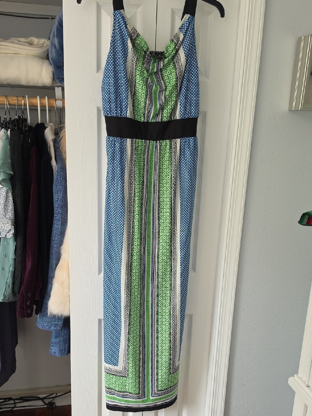 new directions Blue and Green Printed Maxi Dress with Black Waistband
